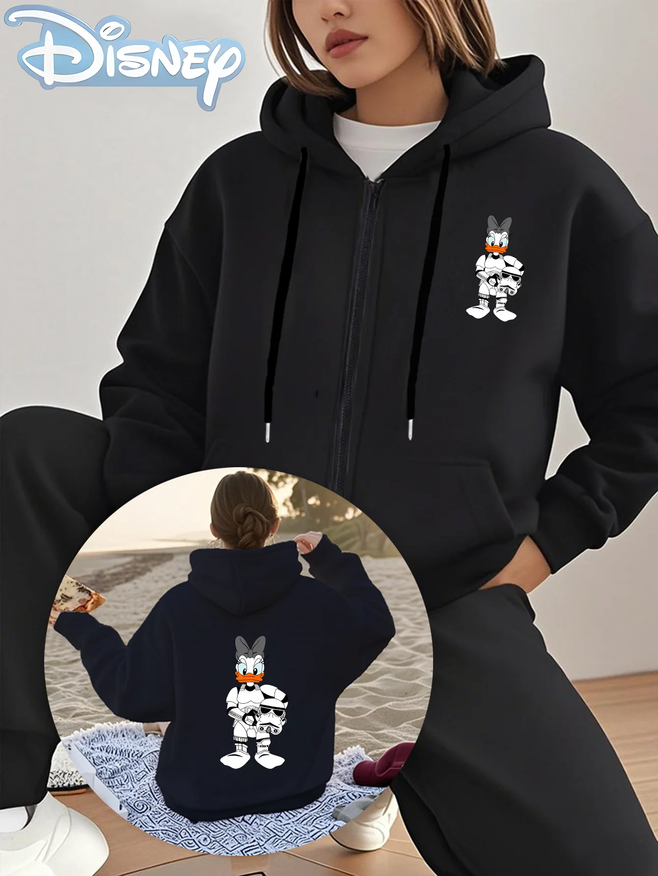 سترة بقلنسوة برباط بسحاب بنمط "Daisy Duck" مرخصة من Disney، وأكمام طويلة ورقبة دائرية وسحاب #1