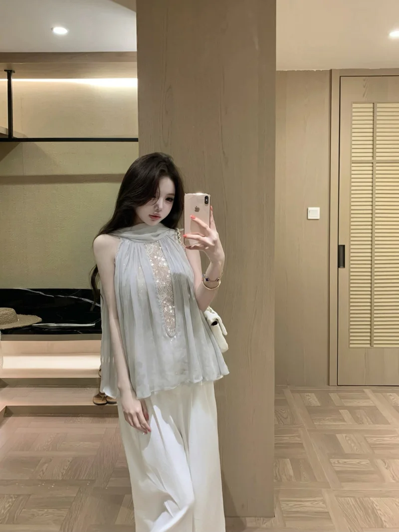 

Элегантный комплект из кружевной блузки без рукавов и сетчатого жилета для женщин, брюки с высокой талией, повседневный стиль, модный наряд для весны и лета