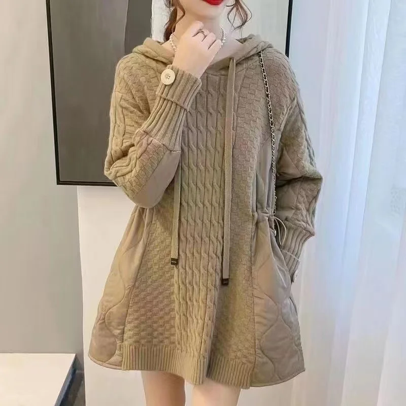 Autumn Winter Splicing Sweater Women Jacket Long Sleeves Hooded Loose knitted Sweater Coat 2023 New Female Thicken Warm Outerwea