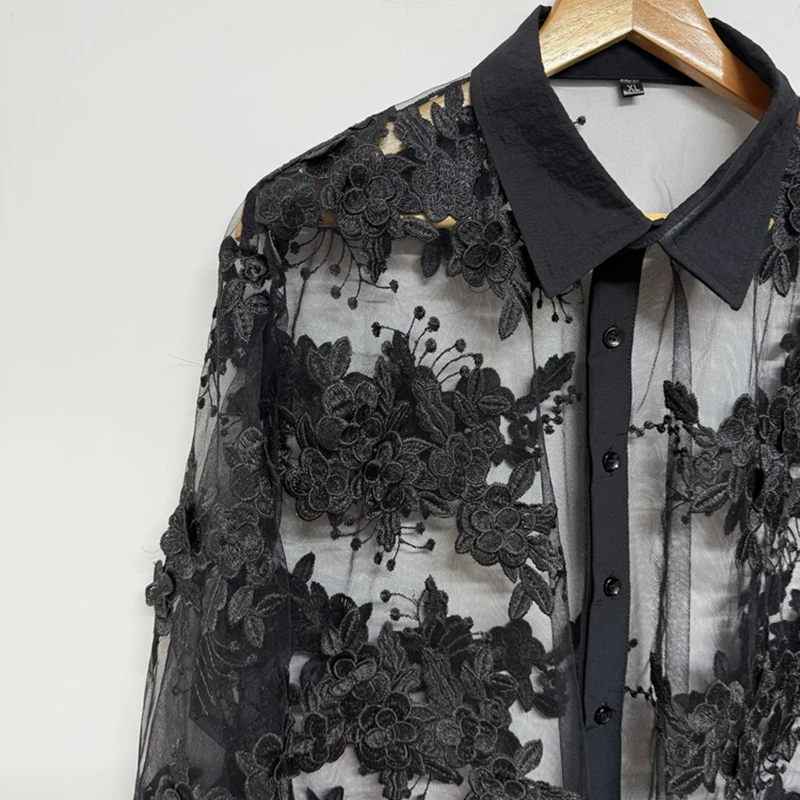 PFHQ المتخصصة قميص رجالي ثلاثي الأبعاد المطرزة الزهور بقماش شفاف تصميم 2025 موضة جديدة التلبيب قمصان طويلة الأكمام 21E7195
