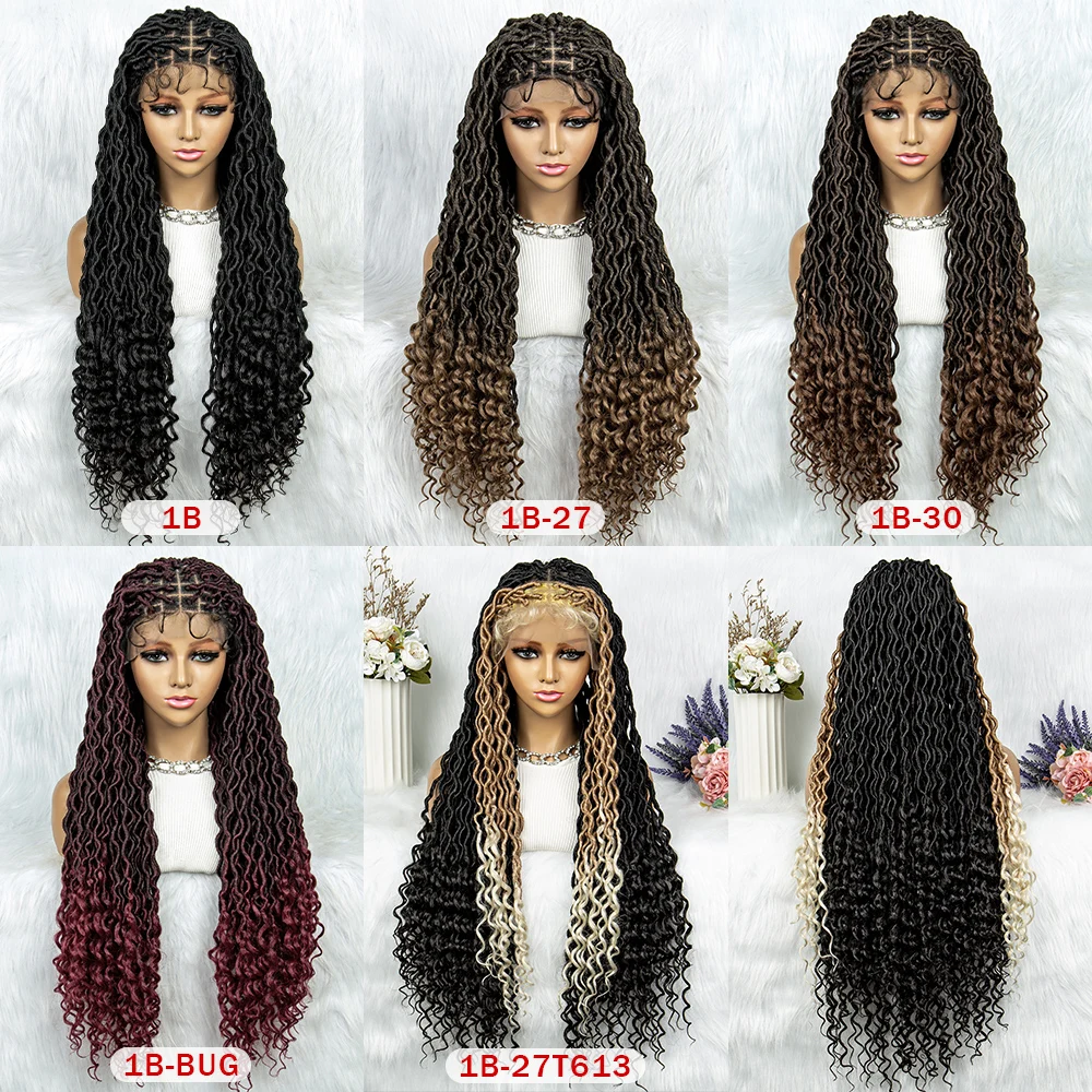 Synthetic Cornrow Braided Wigs 9*6 Lace Front Wig Square Knotless Box Braided Dreadlock Wig with Curly End for African Women