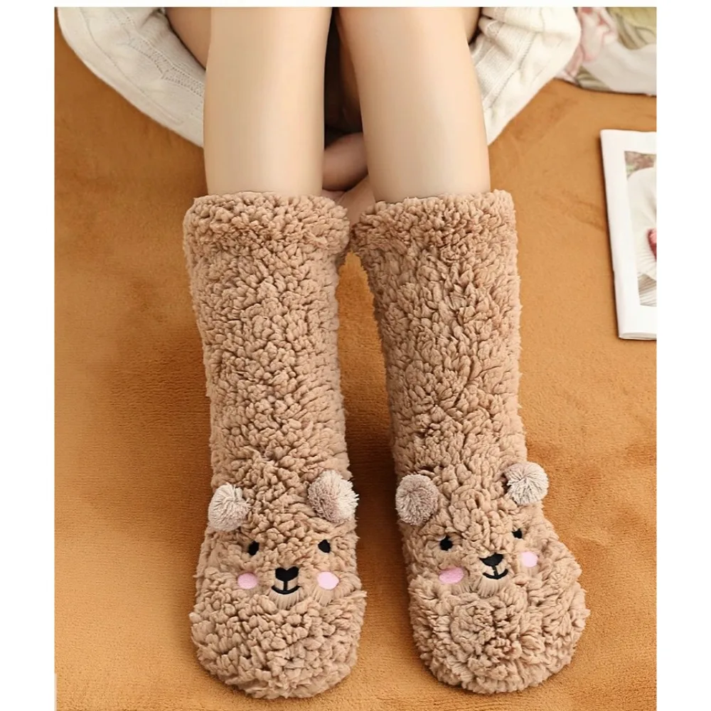 1 Pair Little Bear Socks Floor Socks, Autumn/Winter Thick Long Socks, Coral Velvet Cute Postpartum Socks, Warm Foot Socks image 3