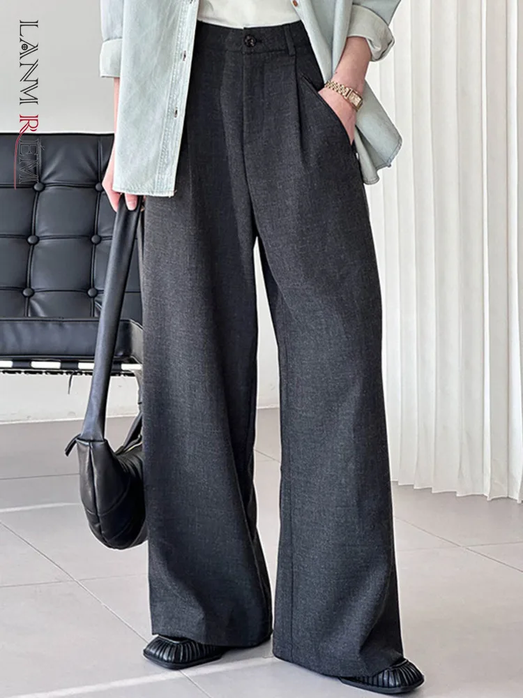 LANMREM High Waisted Wide Leg Pants Office Lady Loose Casual Trousers With Pockets Fashion Clothing 2025 Spring New 2DB1713