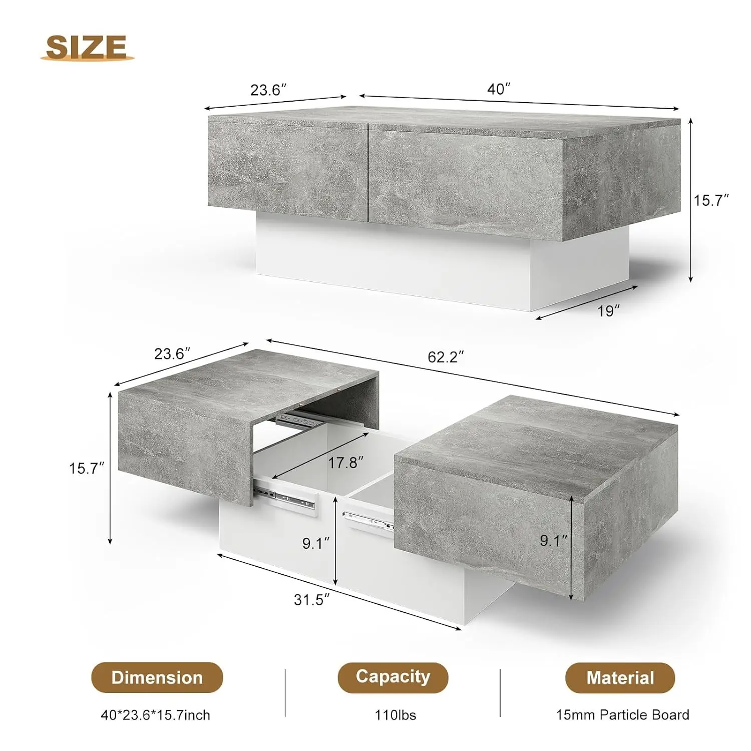 Large Storage Coffee Table Farmhouse Center Table Nesting Tables Modern Living Room Reception Room, Grey, Customized