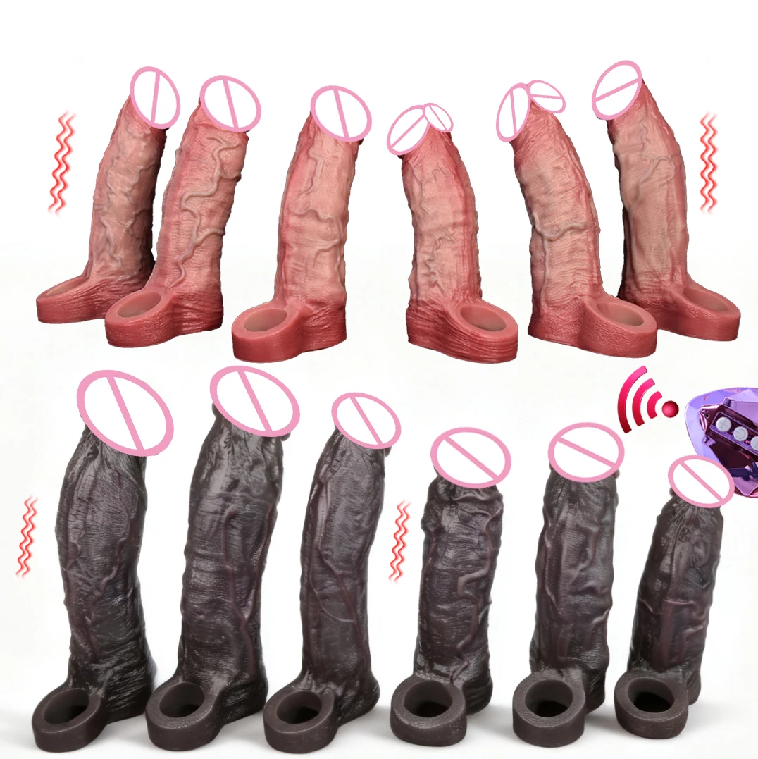 FAAK Wireless Control Vibrating Black Fantasy Penis Sleeve Ring Silicone Realistic Hollow Dildo Cock Enlarger Sex Toy For Men