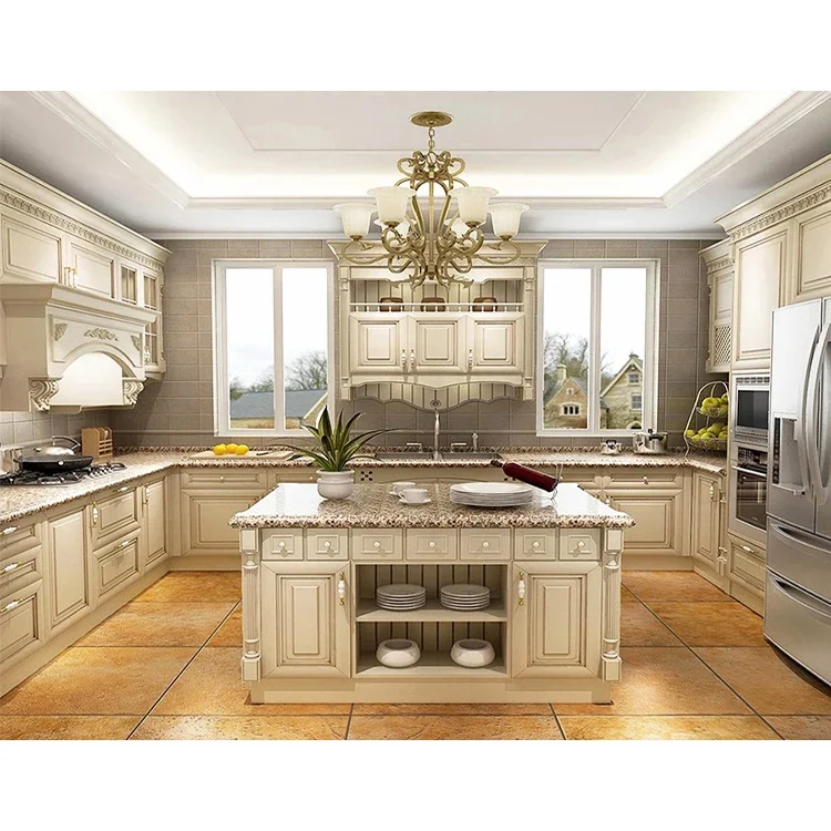 

China Factory Luxury Kitchen Island Cabinet Design Apartment House High End White Color Solid Wood Kitchen Cabinets