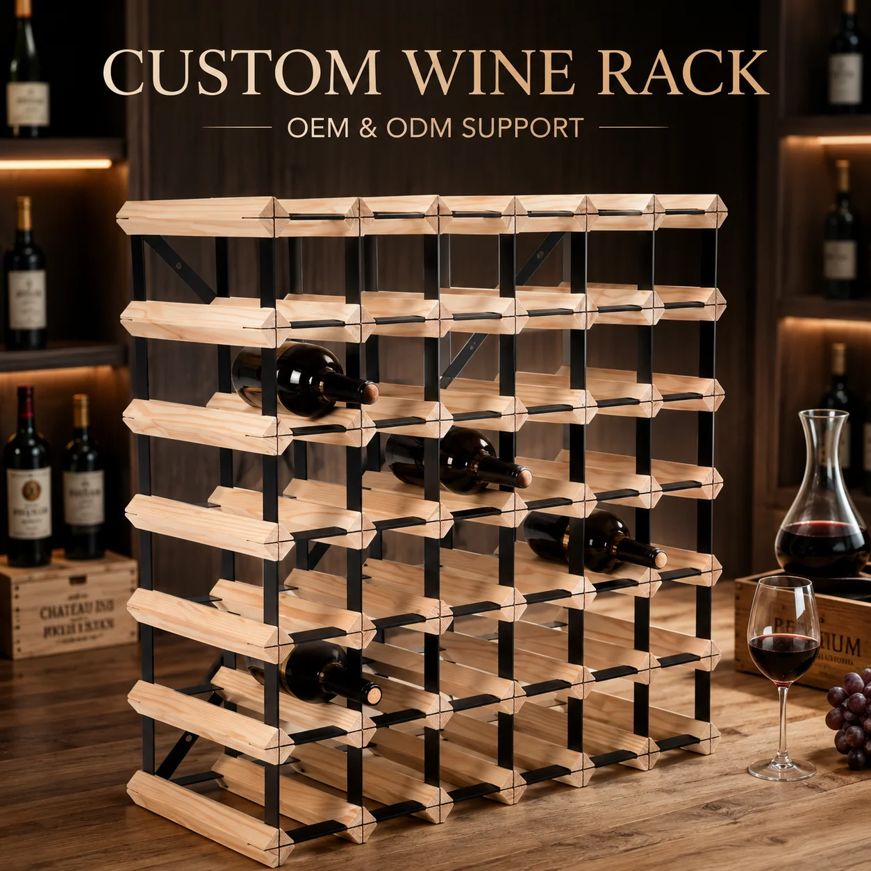 Floor Stand Metal&wood Wine Bottle Holder Display Organizer Cabinet&cellar Storage Custom Modular Stackabl Wine Rack Design