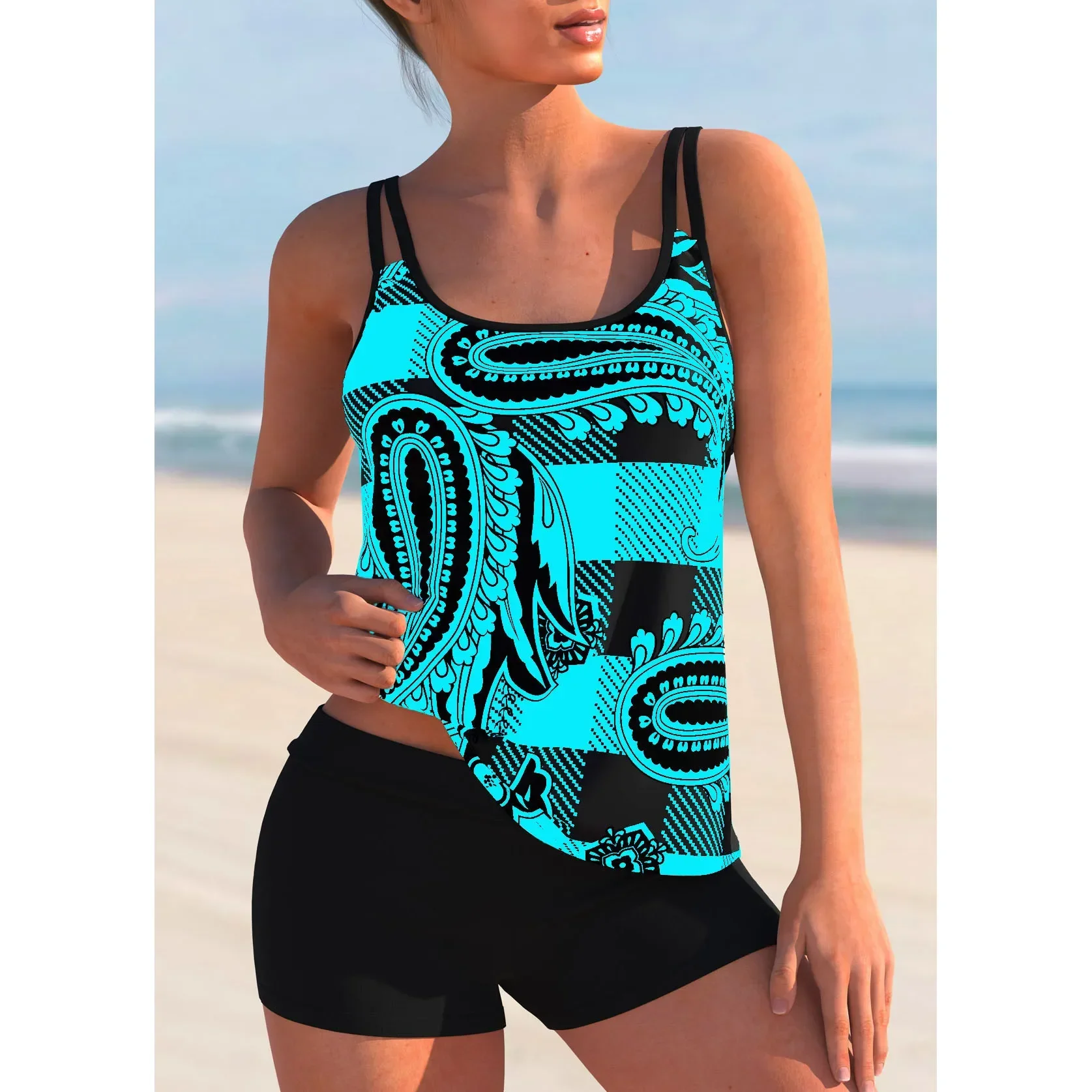 High Quality Summer New Women's Light Blue Graffiti Print Two-piece Fashion Sexy Vacation Beach Swimsuit S-5XL