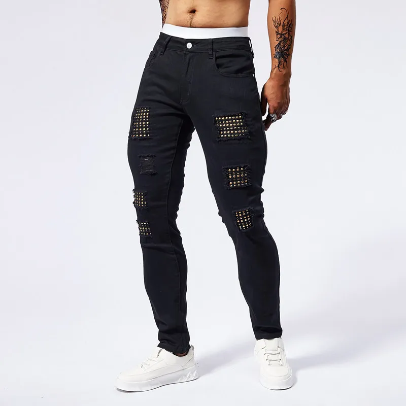 

2024 New Summer Muscle Jeans, Men's Elastic Slim Fit, Perforated Patch, Street Fashion, Black Tight Pants