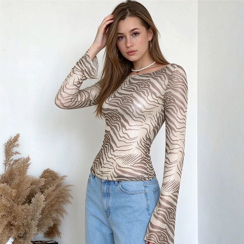 See Through Mesh Off Shoulder Top Women Zebra Print Long Sleeve Flared Sleeve Club Street Style Summer