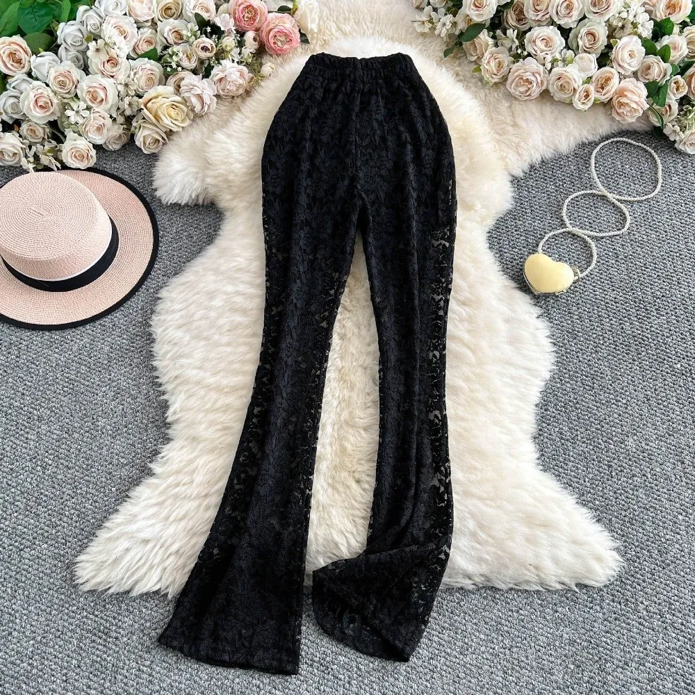 Sexy Hollowed Out Lace Pants High Waist Slimming Silhouette High Waist Trousers Loose Wide Leg Shape Drape Fabric
