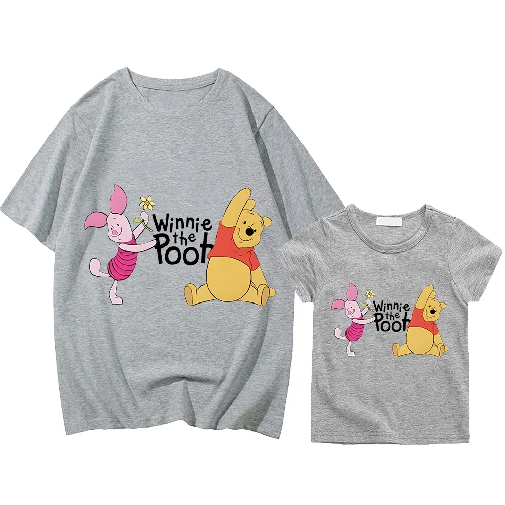 Disney mother daughter matching clothes girls anime Short Pooh Bear Print 100%Cotton t shirt for kids Kawaii Men women Tops y2k