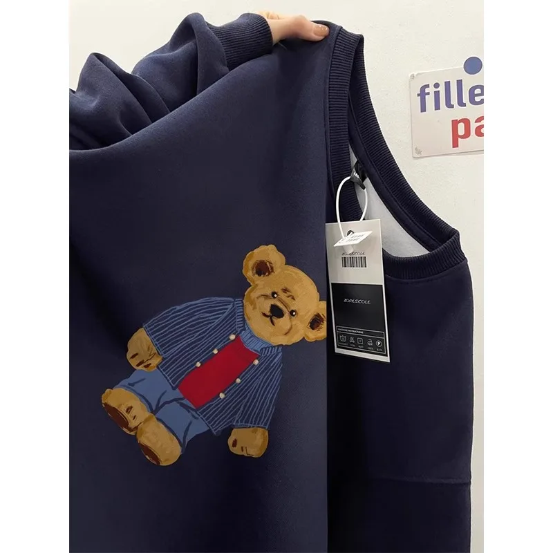 

Толстовка с круглым вырезом и американским ретро-принтом медведя, большой размер, 300 Pou, весна-осень, простой универсальный топ из хлопка для молодежи