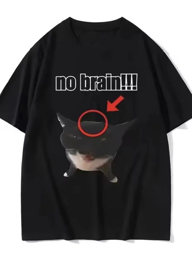 Divertida camiseta retro con estampado del alfabeto de gato alienígena |   Patrón de frijol de cerezo, camiseta con diseño gráfico de gato "No Brain", camisetas unisex para uso diario