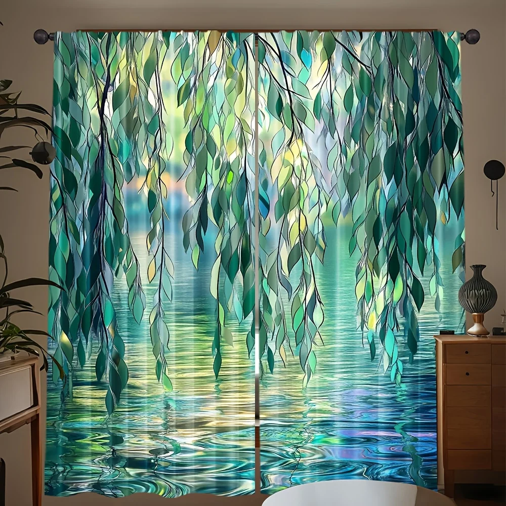 Willow Waterfall Curtains Set of 2 Polyester HD Print Rod Pocket Light Filtering for Bedroom Living Room