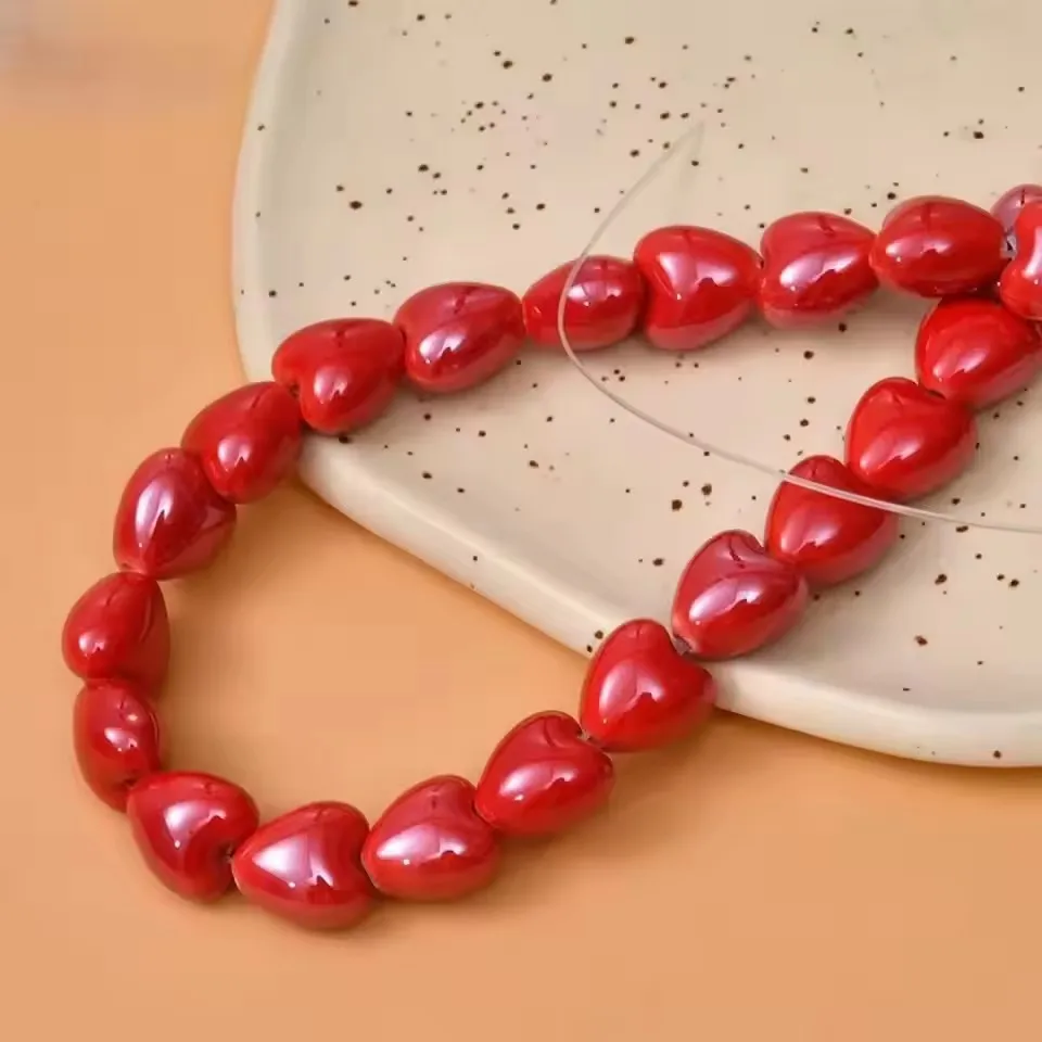 10pcs 12mm Heart Shape Shiny Glossy Ceramic Beads Loose Spacer Porcelain Beads for Jewelry Making DIY Bracelet Necklace Crafts