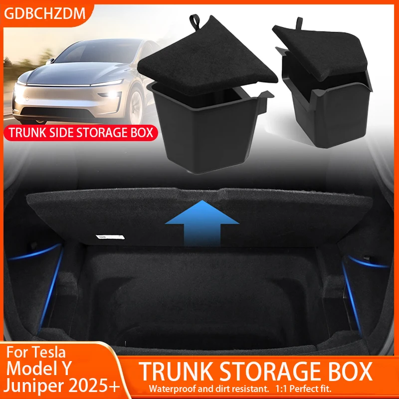 

For Tesla Model Y Juniper 2025 Rear Trunk Side Storage Box Cargo Organizer TPE Bin Box Flocking Mat Partition Board Accessories
