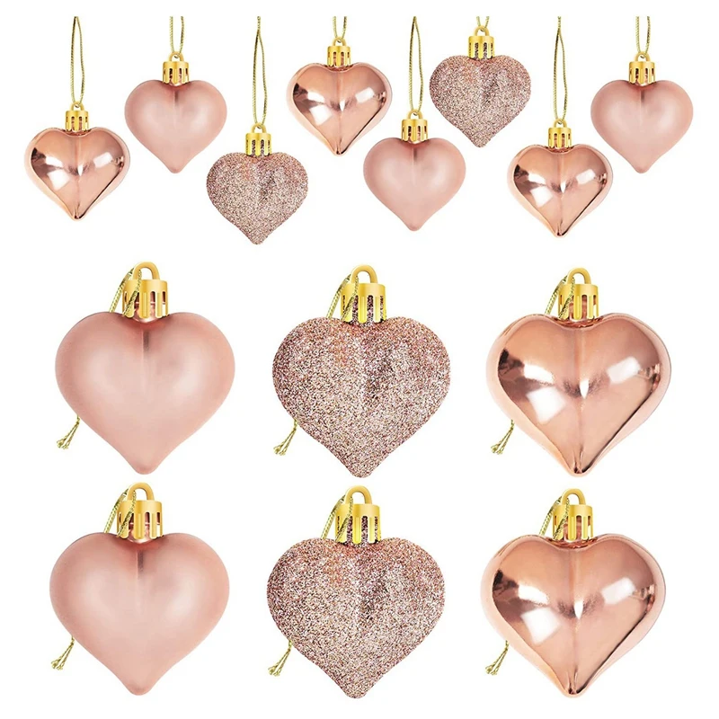 24Pcs Rose Gold Valentine's Day Heart Shaped Ornaments Heart Shaped Baubles Ornaments For Home Tree Hanging Decorations