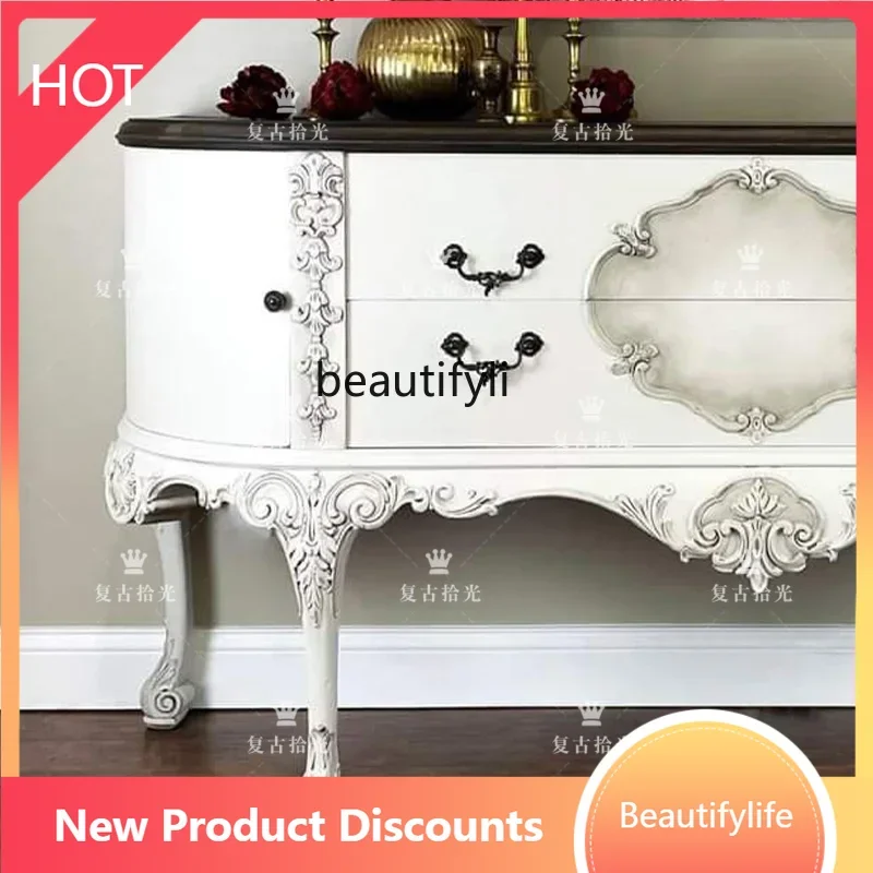 

A57 A57 Vintage French retro solid wood carving flower porch locker decorative cabinet white