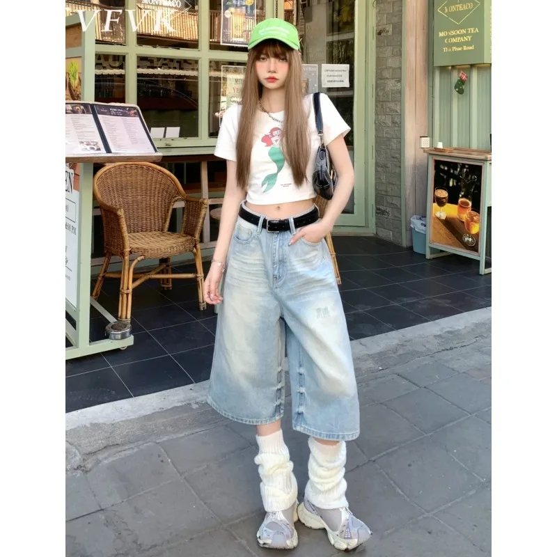 Women's Jeans Women's Pants Vintage Light Wash Cropped Wide Leg High Waist Loose Slimming Petite Summer New Denim Casual