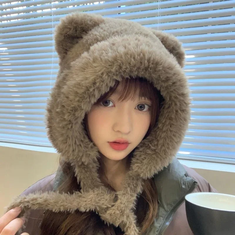 

Cute Girl Knit Ear Protection Hat Bear Women Woolen Crochet Bonnet Earmuffs Cap Solid Color Hood Beanies Winter Warm Headgear