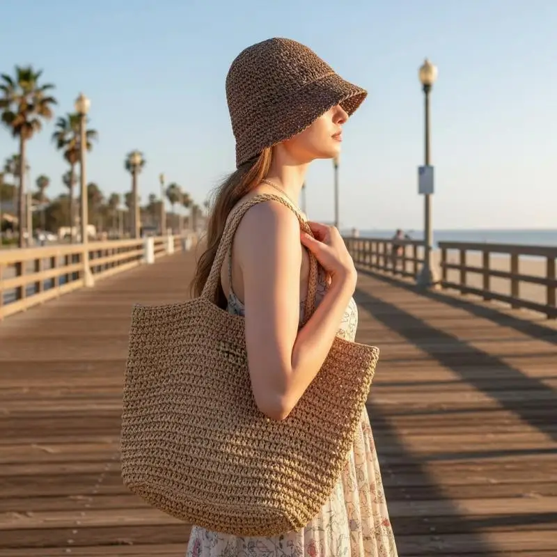 Einzigartiger gewebter Damen-Sonnenhut, einfarbig, atmungsaktiver Stroh-Fischerhut, faltbarer Visierhut, Bucket Hat für den Urlaub – Detail 5