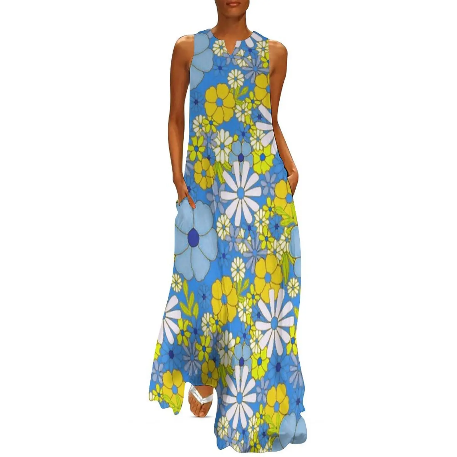 

Blue Yellow Floral Pattern Design Long Dress evening dresses luxury 2025 women's elegant loose dresses evening dress women