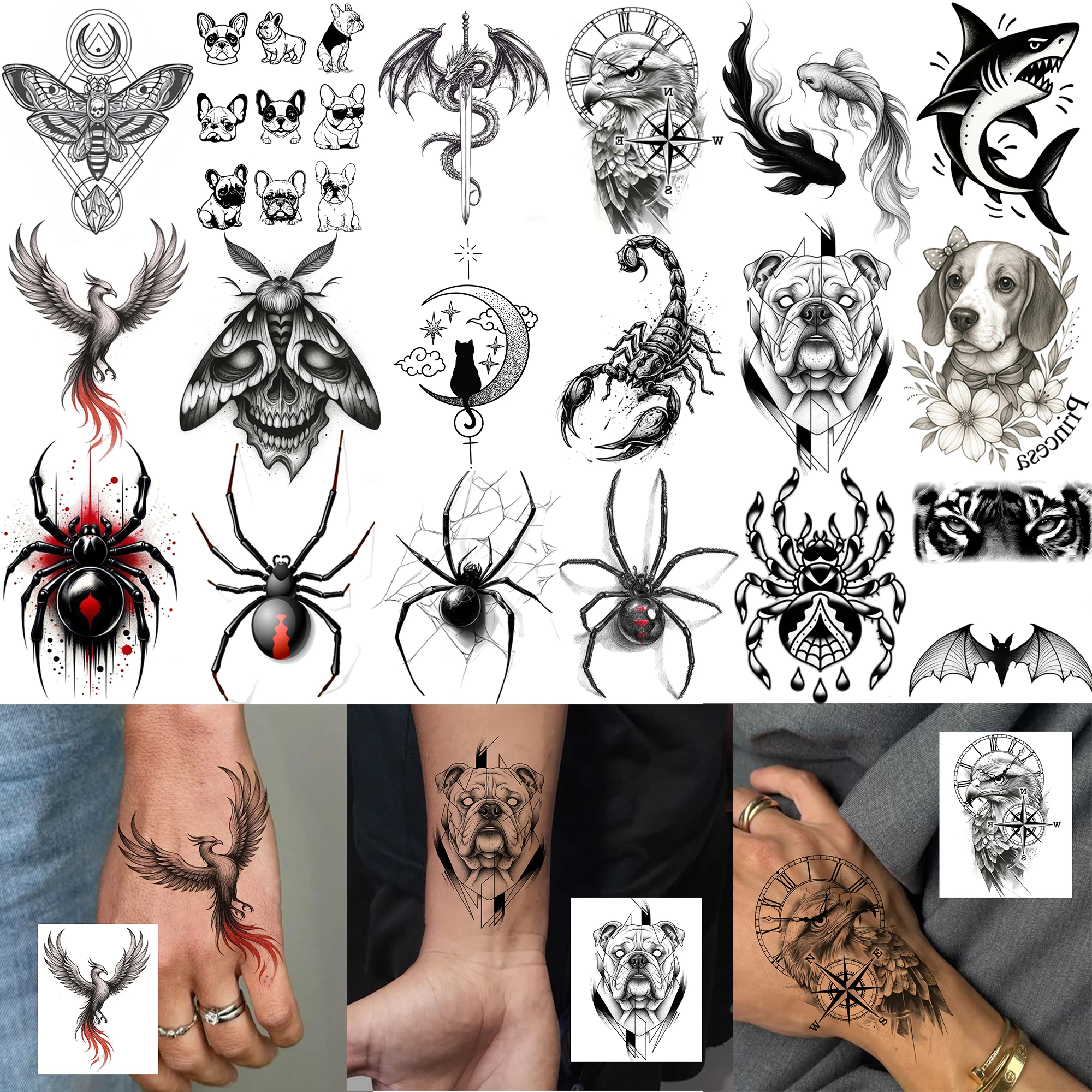 

1 Sheet Spider Scorpion Bat Temporary Tattoos For Adult Hand Finger, Halloween Fake Tattoo Sticker Long Lasting Realistic Tatoos