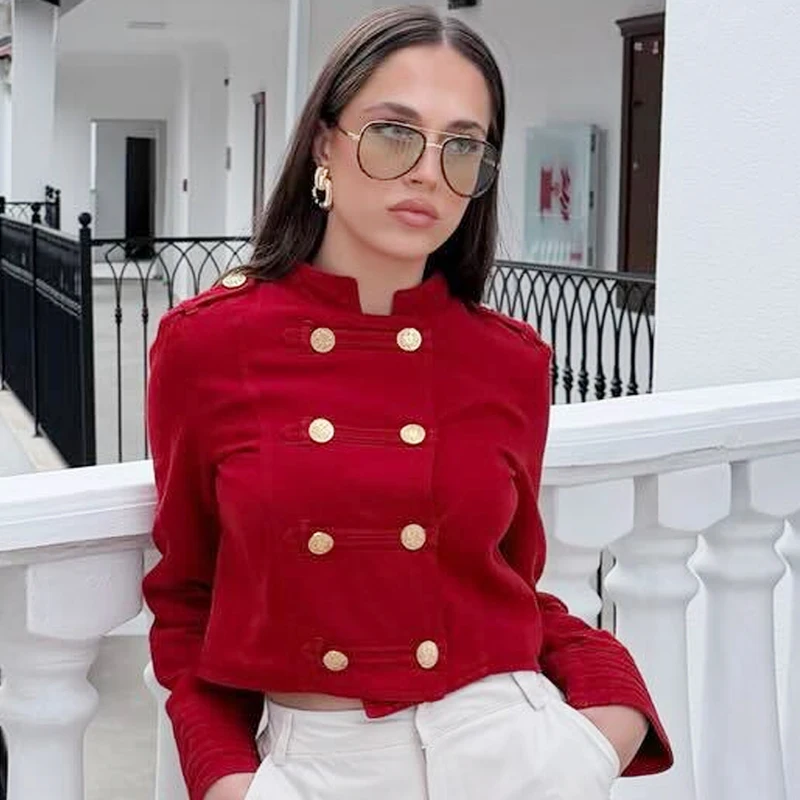 HXAO Rote Cropped-Jacke für Damen, Demi-Season 2026, elegante O-Ausschnitt-Jacke mit Doppelreihenknöpfen und langen Ärmeln, schicke Militär-Oberbekleidung – Detail 7