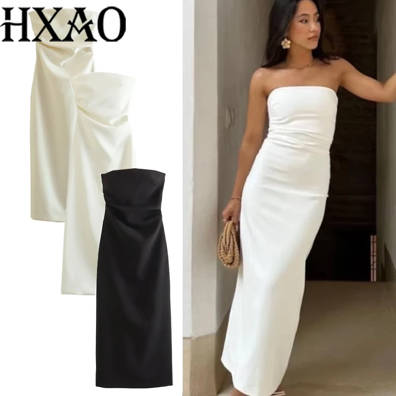 Hxao sem alças vestidos brancos mulher festa verão preto vestido longo feminino espartilho ruched sem costas sexy vestido midi vestidos sólidos 088