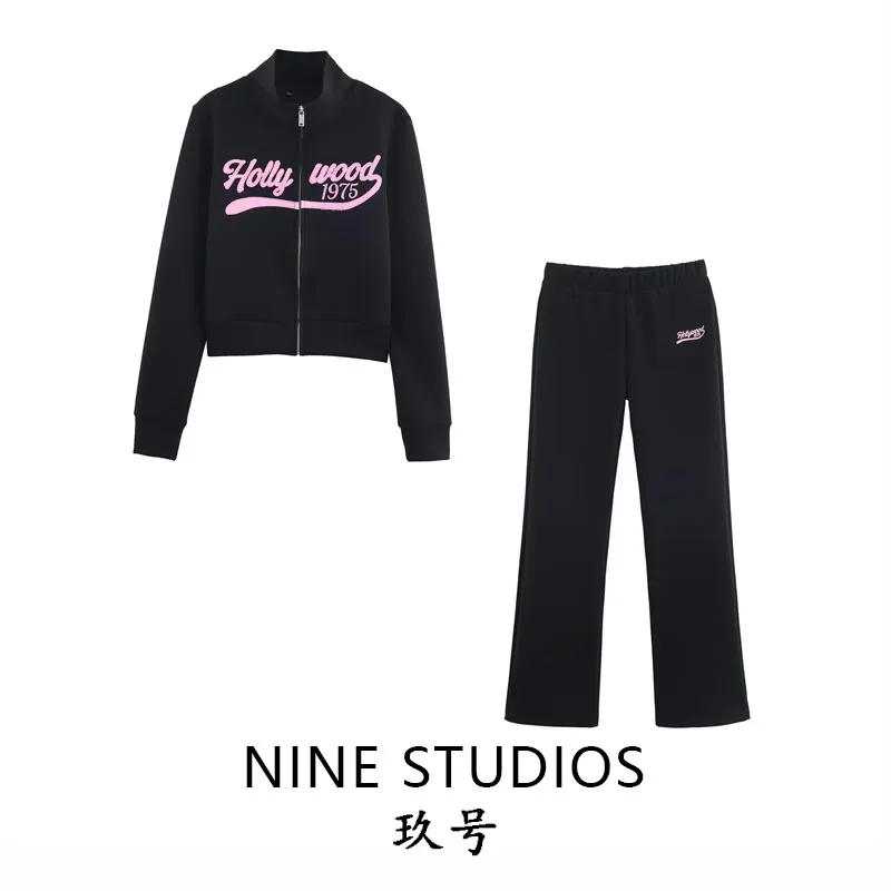 

NINE ZAR Женский комплект из толстовки с принтом на молнии и расклешенных брюк Long Sve ort Length Европейский комплект Sle Faion для взрослых
