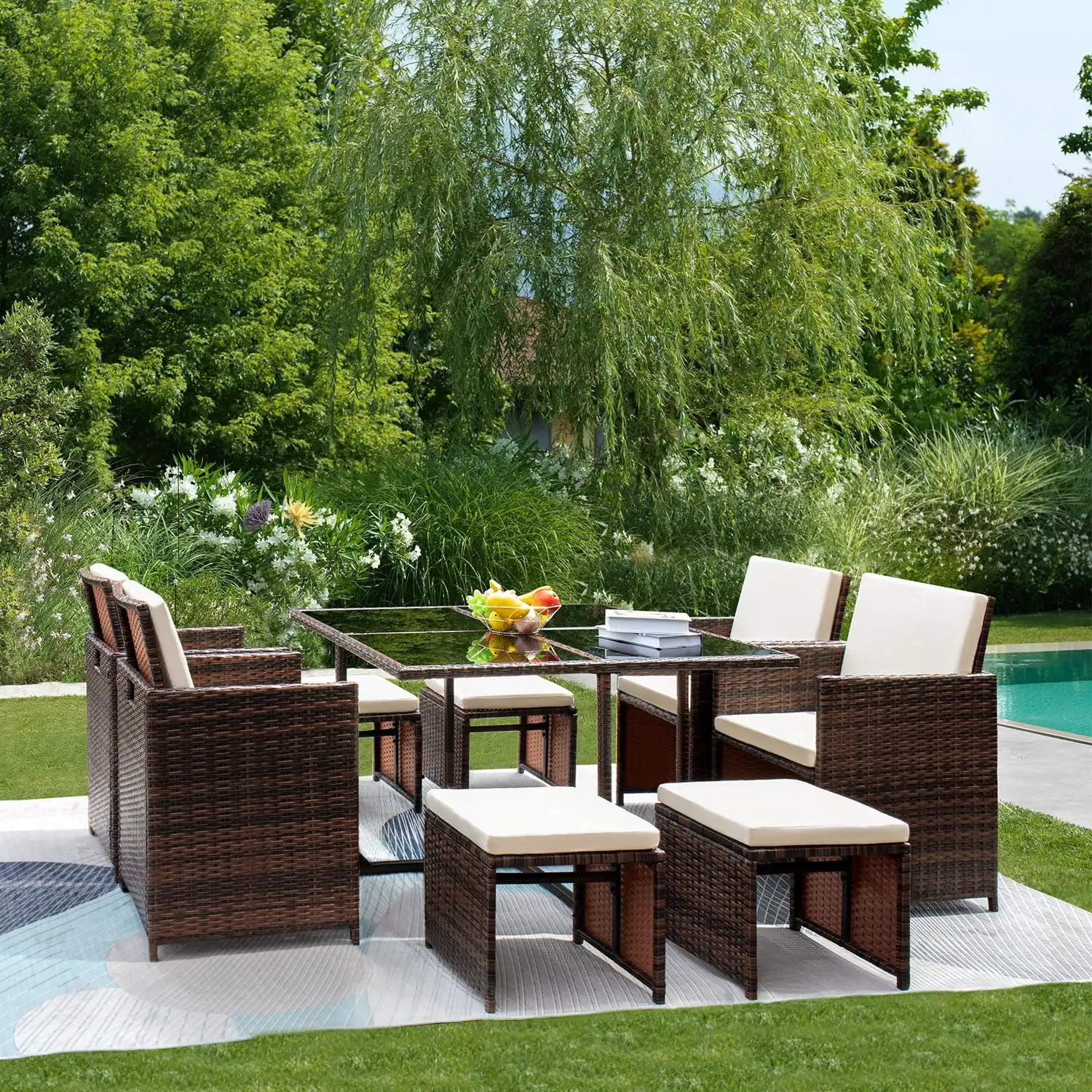 

9 Pieces Patio Dining Sets Outdoor Wicker Rattan Chairs and Tempered Glass Table Sectional Conversation Set with Ottoman