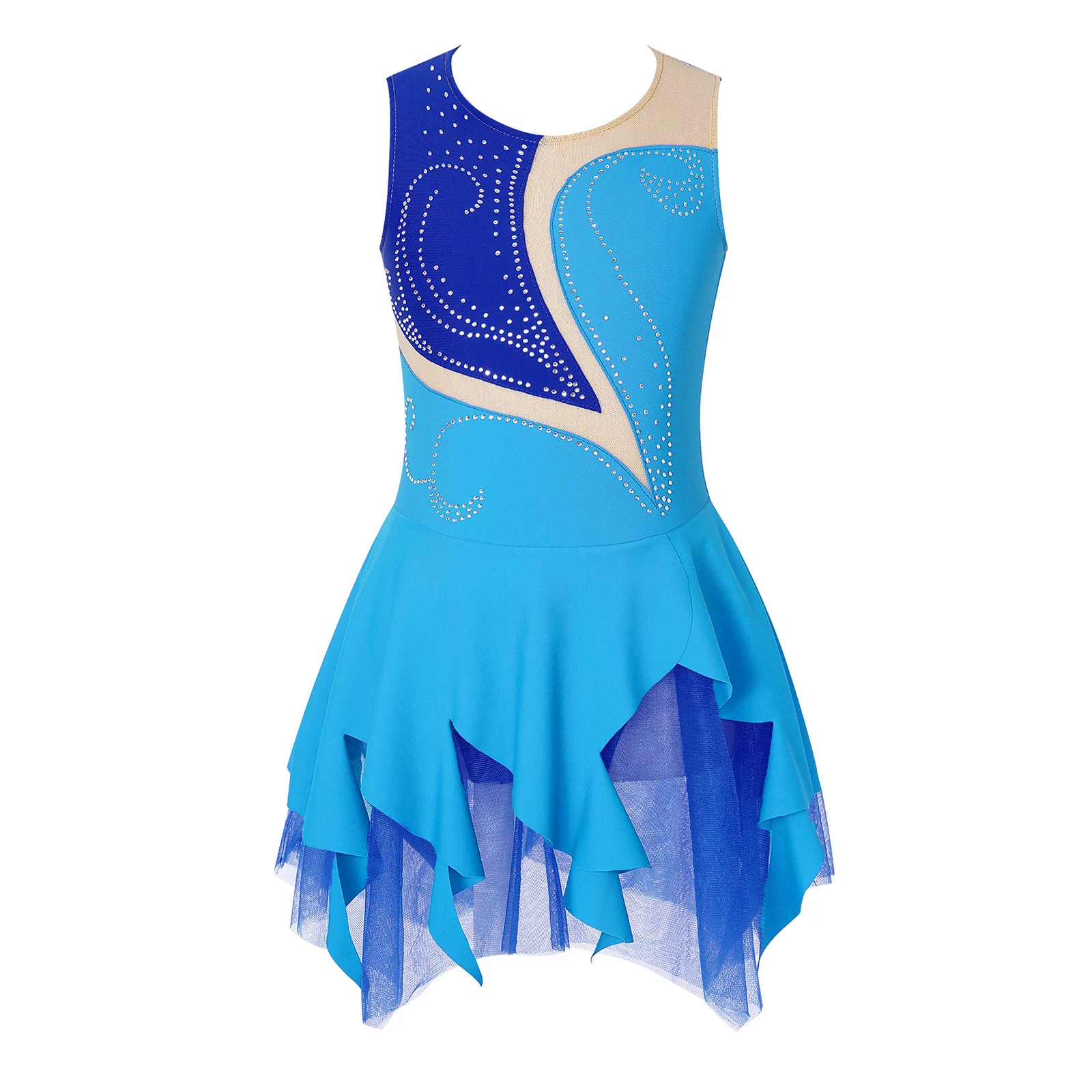 Kids Girls Rhinestone Figure Ice Skating Dress Children Sleeveless Ballet Dress Gymnastics Leotard for Dancing Competition