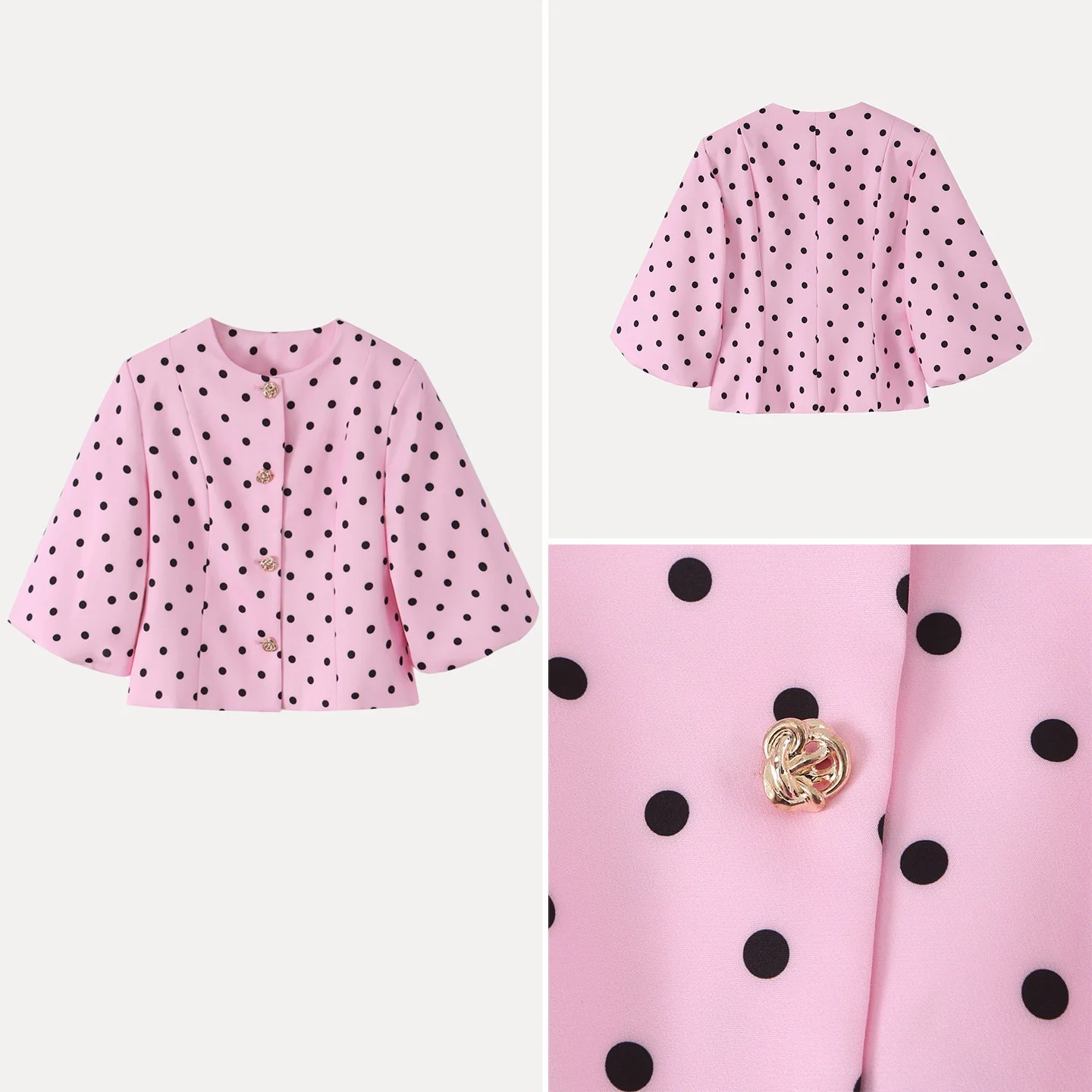 

Fashionable Polka Dot Long Sleeve Suit Jacket Women's Commute Style Casual Wind Resistant Button up Seven Quarter Sleeve Coat