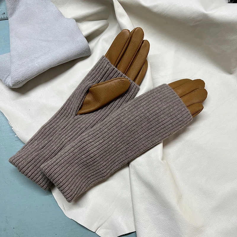 Leather Gloves Warm Knitted Panels Sheepskin Gloves Lady\'s Autumn Winter Single Leather Gloves Knitted Sleeves Light Brown