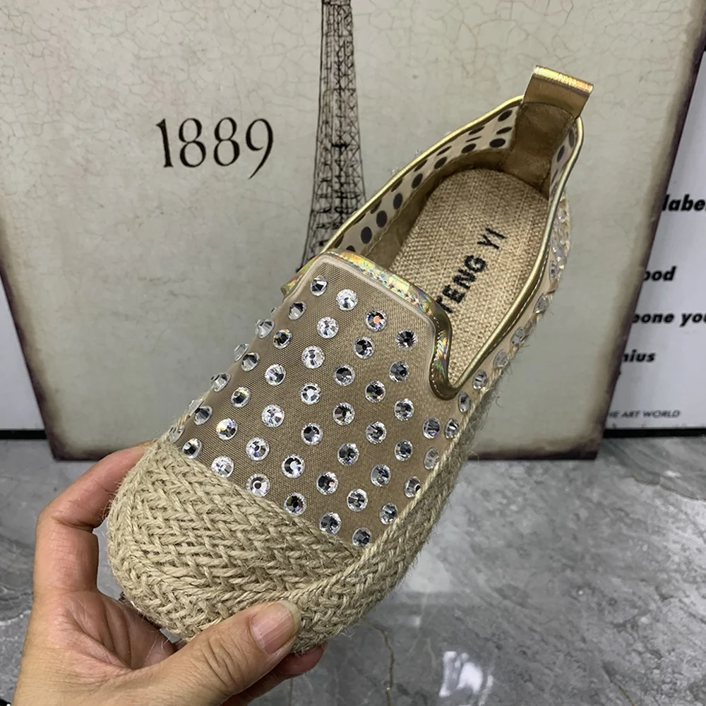 

Fashion Women Flat Shoes Rhinestone Gauze Designer Women Loafers Plus Size Casual Female Sandals Summer Mullers