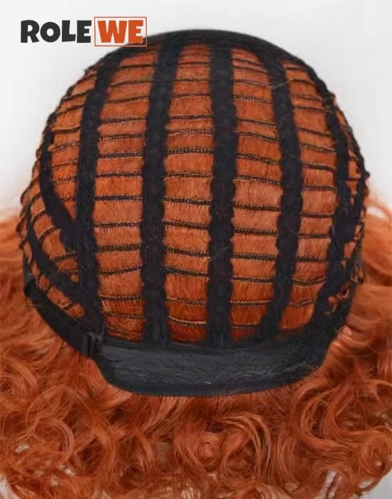 Perruque Courte Bouclée Rouge et Orange pour Cosplay, Accessoire Capillaire avec Bonnet pour ixd'Halloween et Carnaval