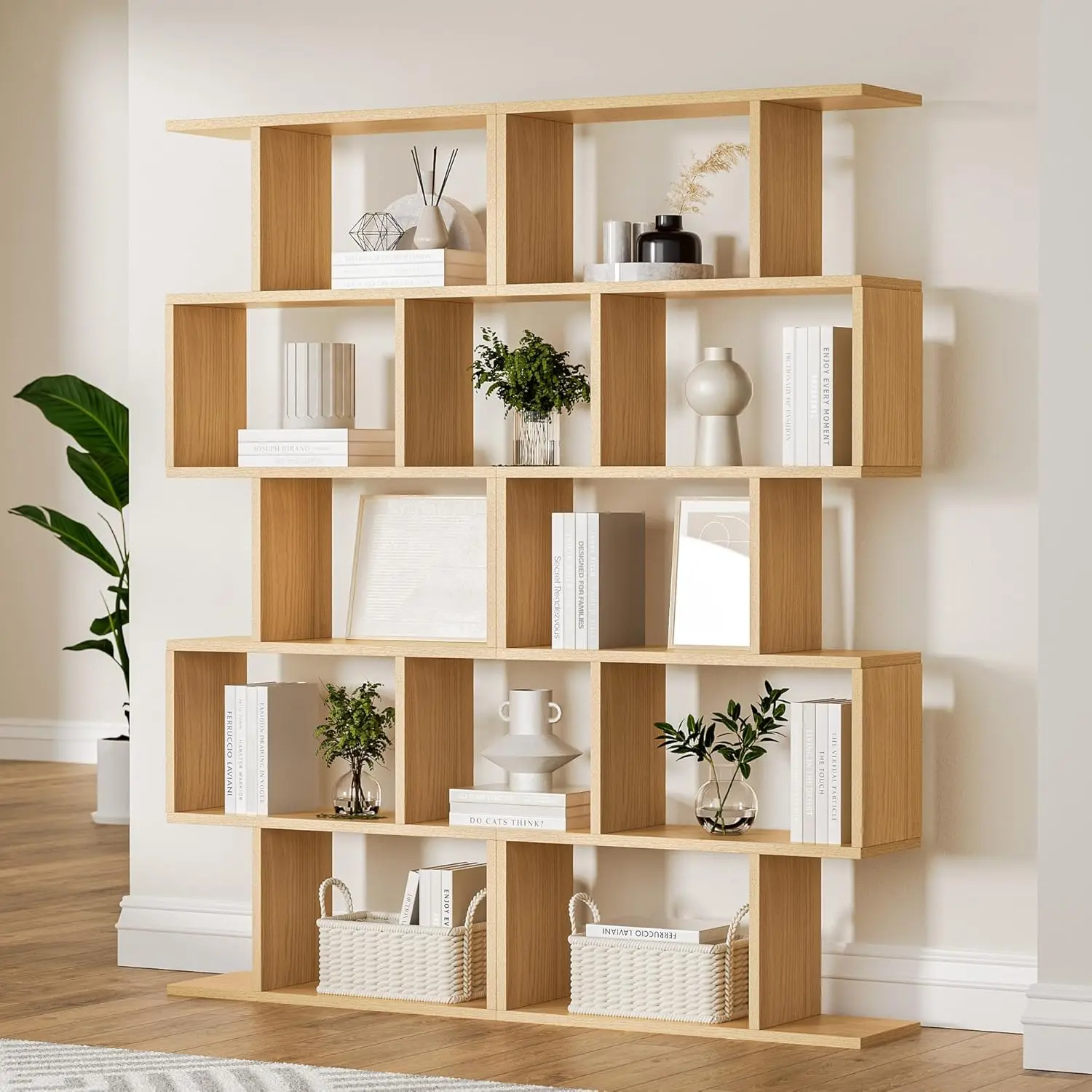 Oak 5-Tier Geometric Bookcase, S-Shaped Modern Bookshelf Set of 2, 62.6