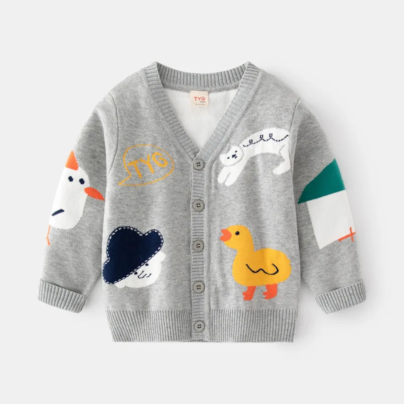 Spring new children's clothing, boys' double-layer cotton thread cardigan sweater, cartoon jacquard woolen jacket for small and