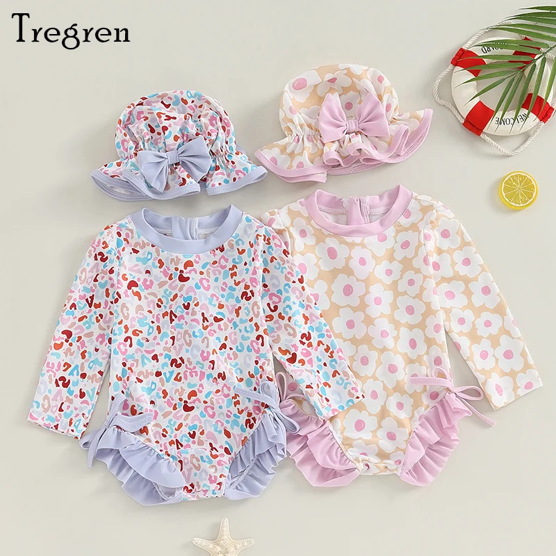 Tregren Toddler Girls Bikini Beach Swimwear Long Sleeve Floral/Pattern Print Romper Swimsuit Kids Bathing Suit with Hat Monokini