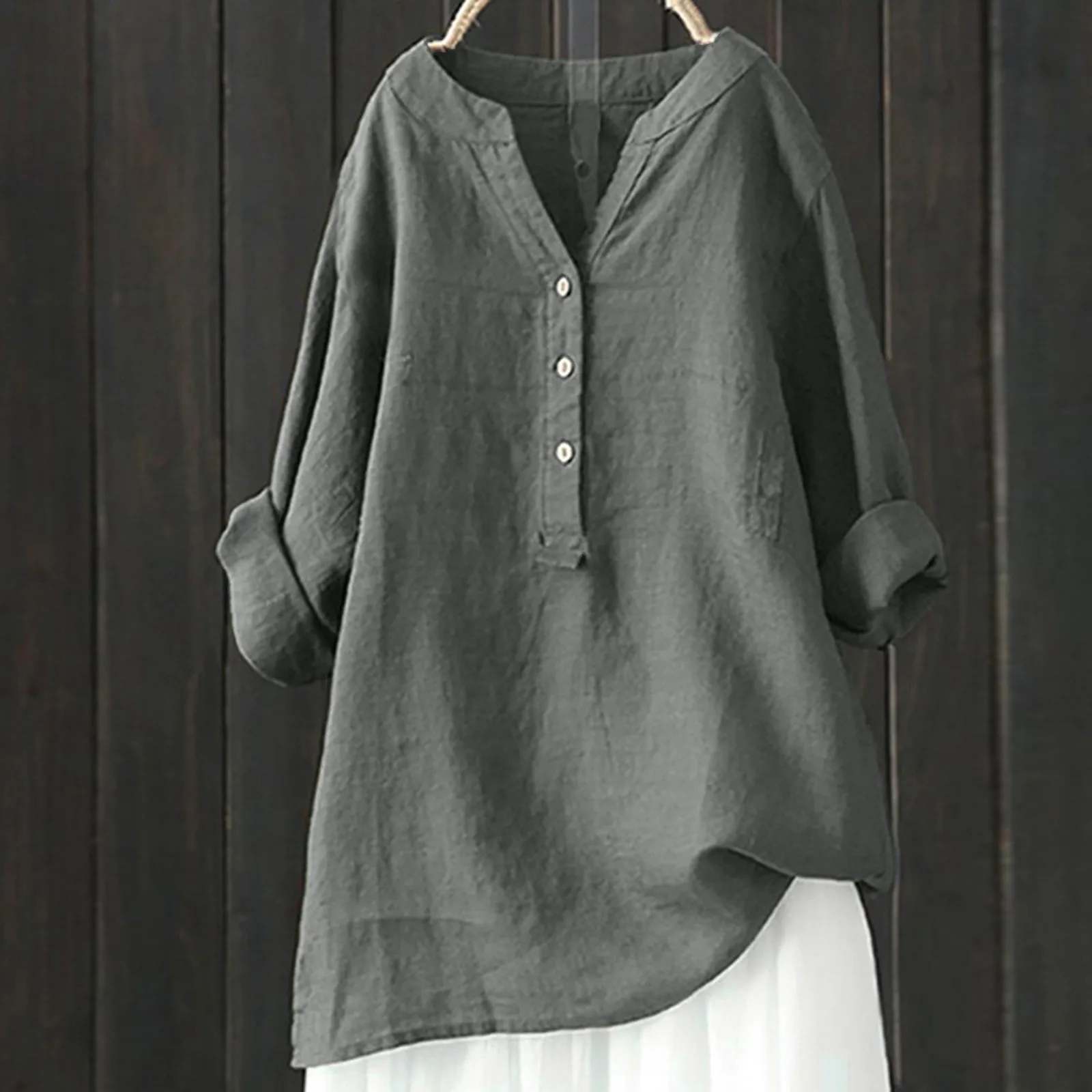 Loose Cotton Linen Women Shirts Spring Long Sleeved Oversize Blouse Buttons Solid Loose    Long Sleeved Stand Collar Blouses