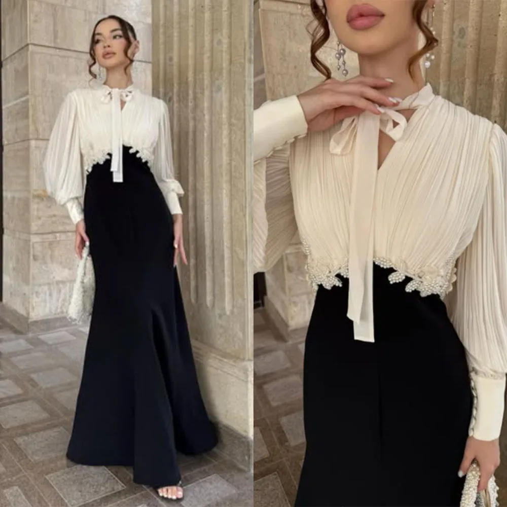 

High Quality Customized Floor Length Pleat Beaded Color Contrast Full Sleeves Robe De Soirée Femme Chic Pageant Dresses Women