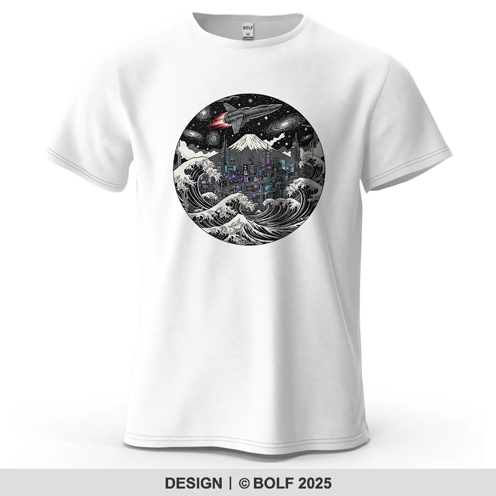 Cyber Wave Futuristisch bedrucktes Herren-T-Shirt aus 100 % Baumwolle, übergroße künstlerische Grafik-T-Shirts für Damen, Tops, T-Shirts, lässige Streetwear