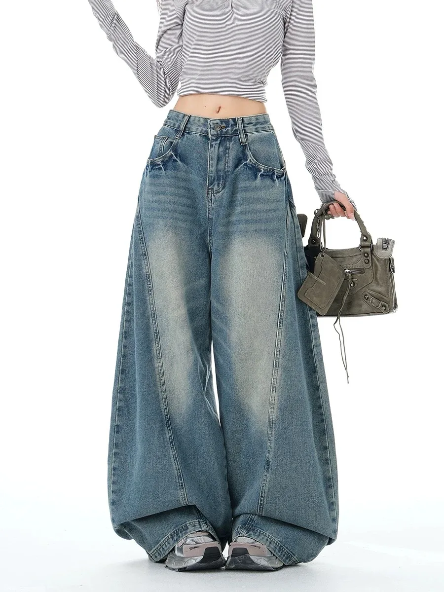 

Y2K потертые джинсы женские американские ретро стираные изогнутые ножи дизайн с высокой талией широкие брюки свободные серповые брюки осень