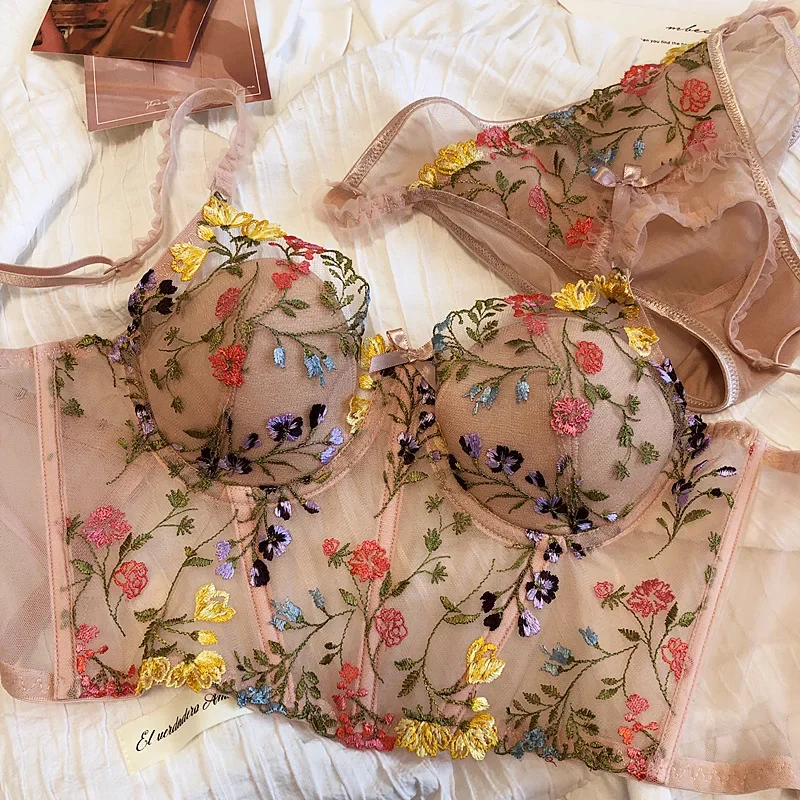 6 Breasted Extended Embroidered Bra And Panty Set, Floral Lace Women Underwear Sexy Female Thin Cotton Cup Push Up Lingerie Suit