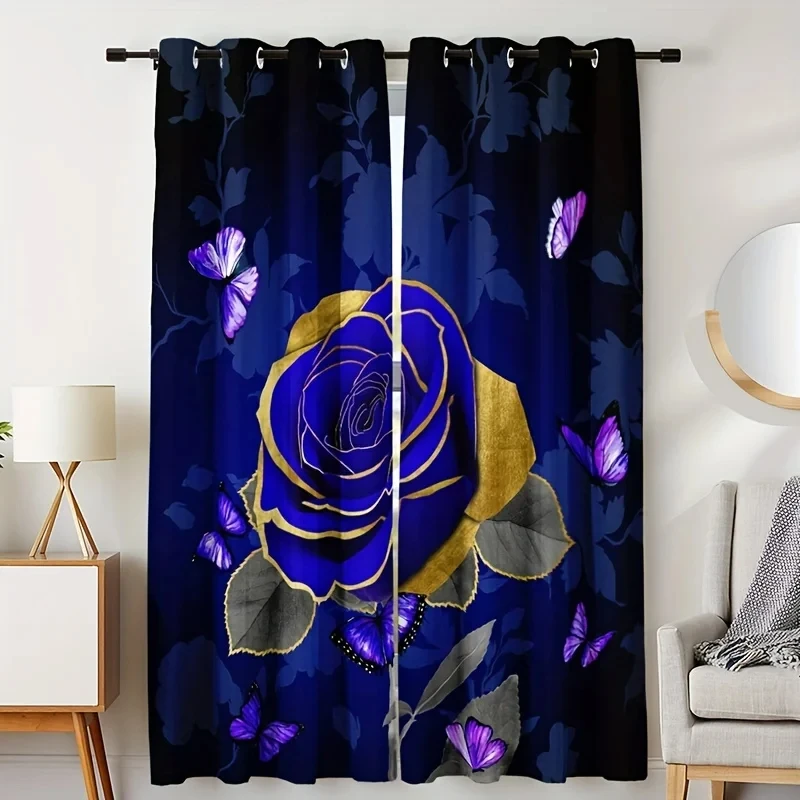 Blue Rose Butterfly High Shading Curtains Fashionable Printed Curtain for Bedroom Kitchen and Living Room Home Decor 2 Panels