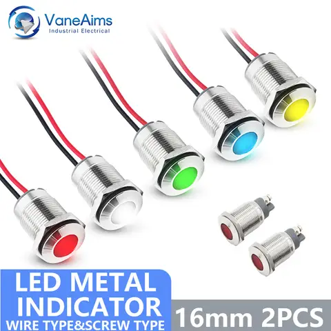 2PCS 16mm Metal LED Signal Indicator Light DC/AC 3-48V IP67 Waterproof Warning Lamp Red Yellow Green Blue for Car Boat Dashboard