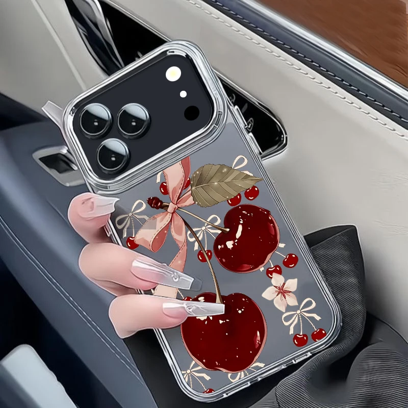Red Cherry Print Transparent Phone Case For iPhone 17 Pro 17e 16 15 14 13 Pro Max 16e 11 Plating Lens Frame Soft TPU Back Cover