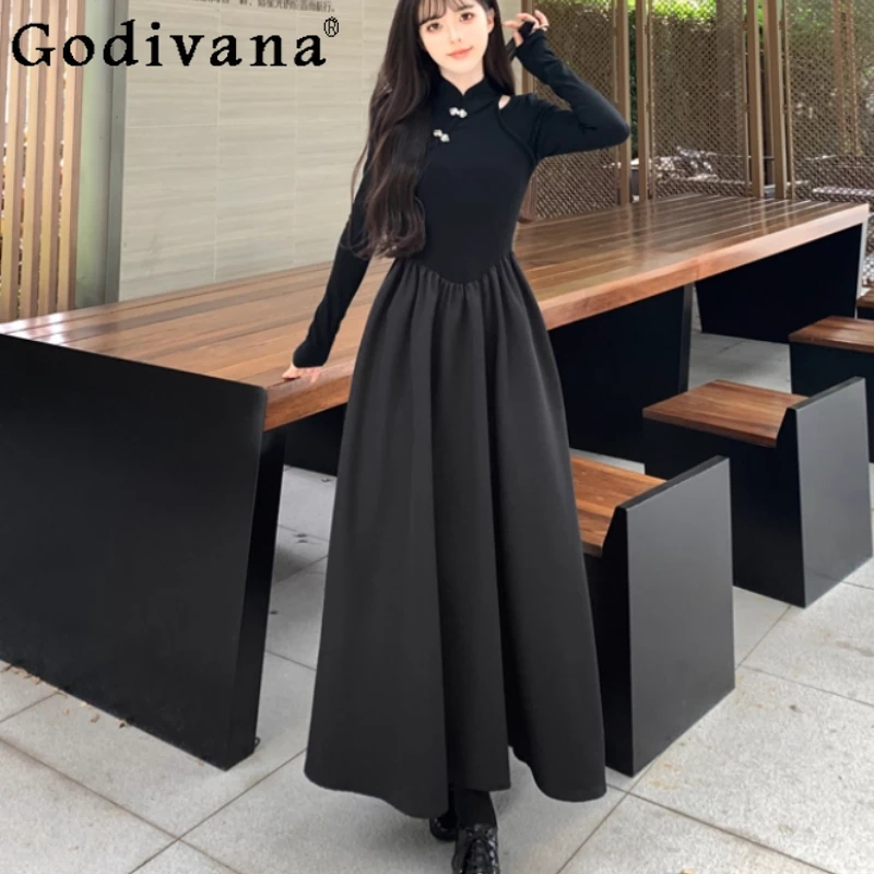 

Autumn Winter Large Size New Chinese Black Cheongsam Dresses Girl Fashion Versatile A-line Age-reducing Long Sleeve French Dress