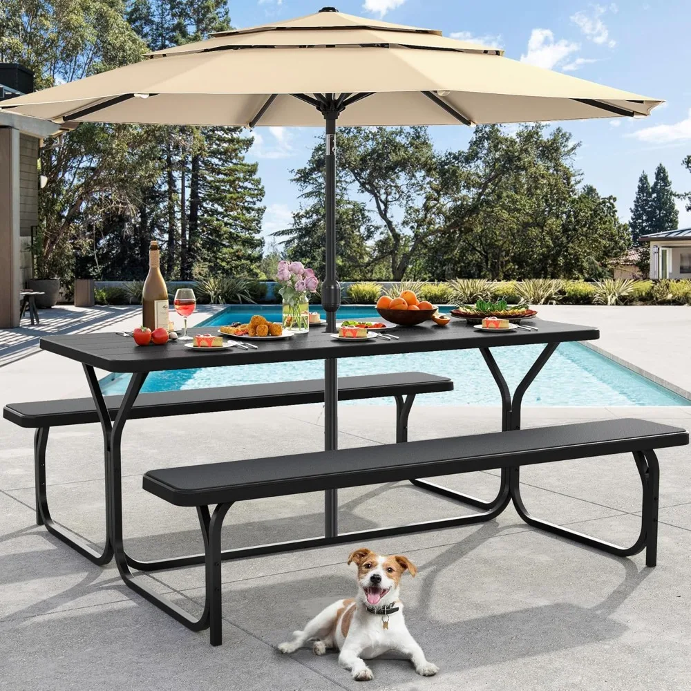 

6FT Picnic Table, Heavy Duty Outdoor Picnic Table and Bench w/Umbrella Hole, Resin Tabletop & Stable Steel Frame